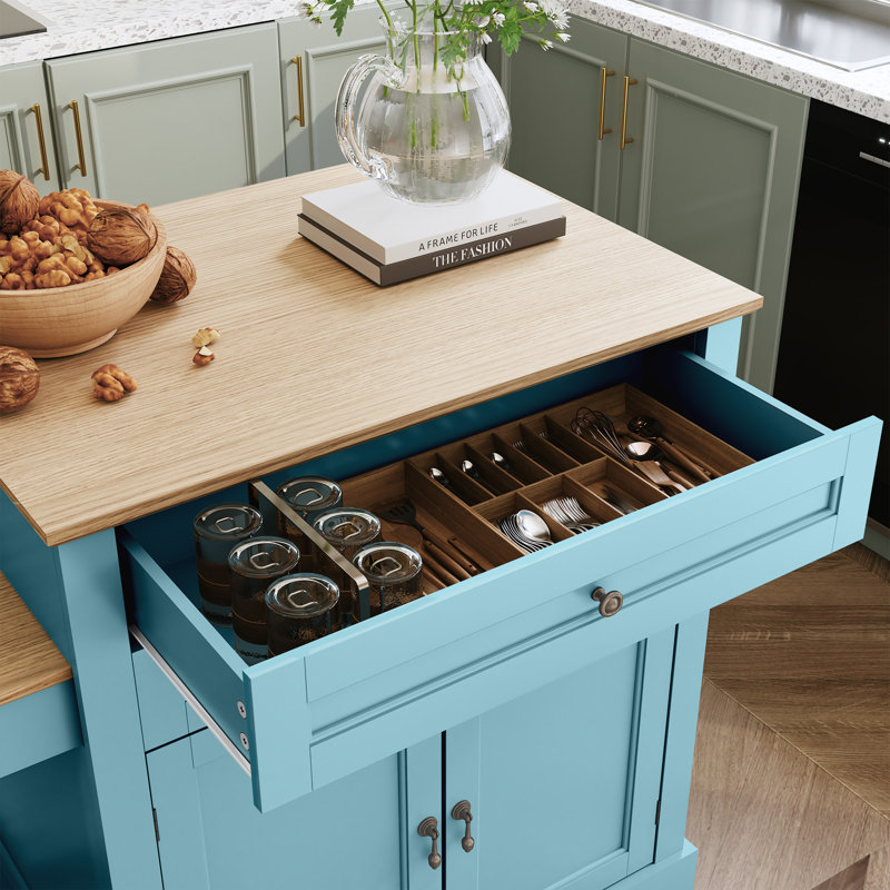 78.74''Solid Wood Kitchen Island with Extendable Dining Table and Storage, Mobile Kitchen Cart with Lockable Wheels, Blue