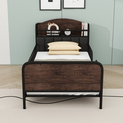 Metal Platform Bed With LED Light Strip, Safety Guardrails And Storage Shelf