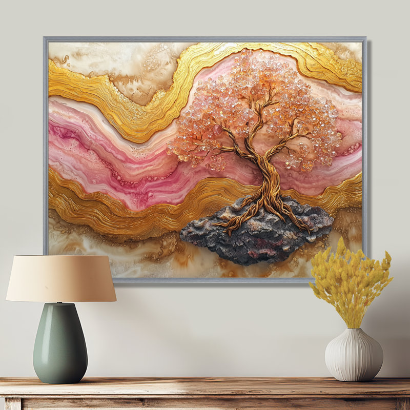Rose et marbre doré infini arbre de vie II - arbre de vie, art mural, H 30 po x l 40 po, Impression encadrée flottante