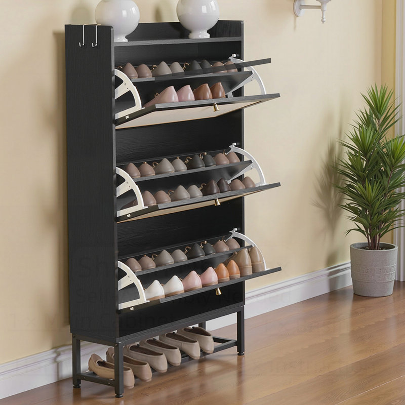 Armoire de rangement pour chaussures mince avec 3 tiroirs rabattables, organisateur moderne autoportant pour 16 à 20 paires, conception en bois peu encombrante