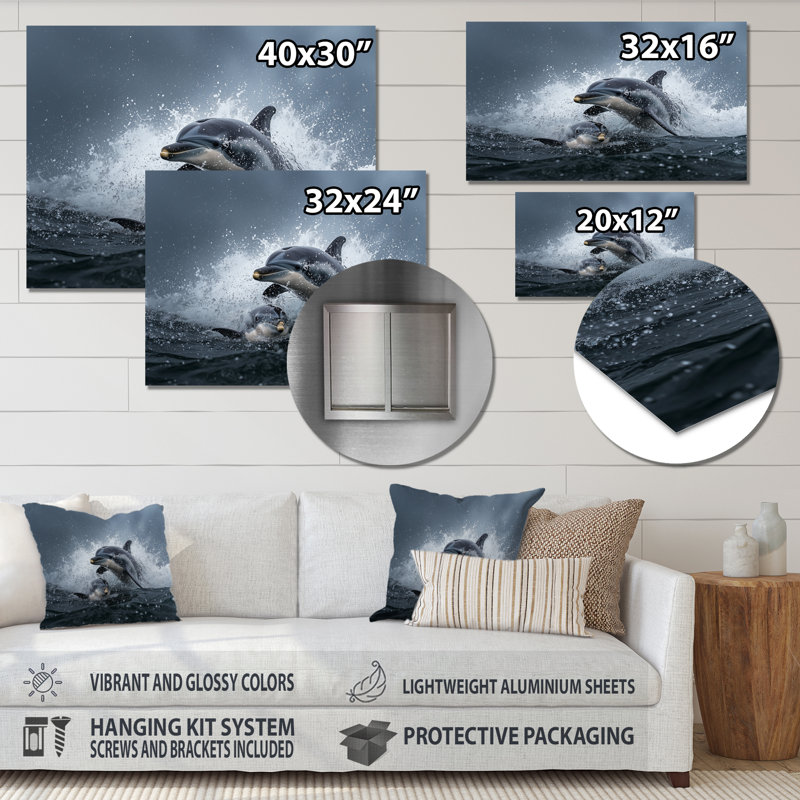 Dauphin, scène nautique en été I - animaux, impression murale en métal, H 12 po x l 20 po x P 0,84 po