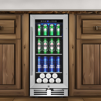 15" Beverage Refrigerator - 130 Can Capacity, Reversible Door, Built-In or Freestanding Beer Fridge, Soda & Drink Cooler with Glass Shelves & LED Light