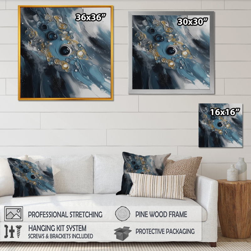 Coups de pinceau bleus et blancs Transcendent III - impression, Cadre photo noir, H 16 po x l 16 po x P 1 po
