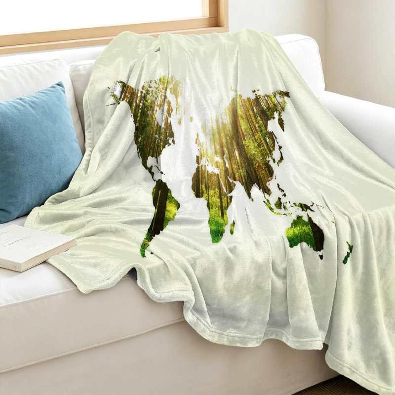 Jeté en flanelle verte ultra douce, impression de carte du monde de la nature, Throw 40" x 50"
