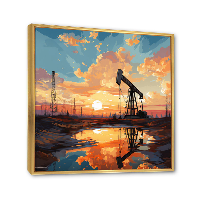 «Rodborough Peach Oil Rigs Pumpjack in Oil Field», reproduction, H 24 po x l 24 po, Cadre flottant doré