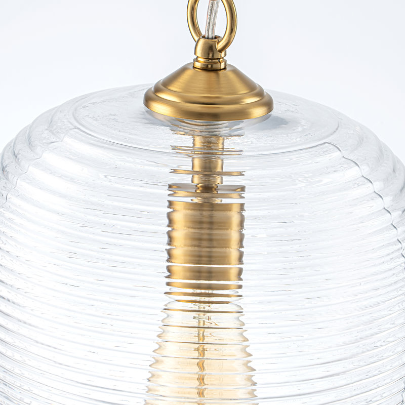 Glimmeri 1-Light Single Ribbed Clear Glass Pendant, Brushed Gold