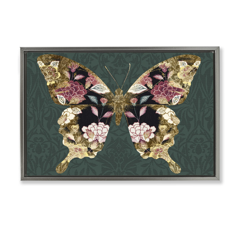 Toile flottante encadrée à motif de papillon rococo par Victoria Barnes, Cadre flottant gris lustré, H 17 po x l 25 po