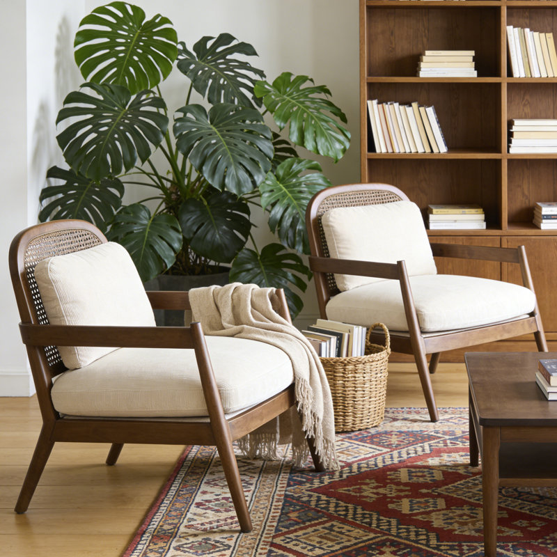 2 pièces Chaise d'appoint Mid-Century moderne avec cadre en bois massif et dossier en rotin