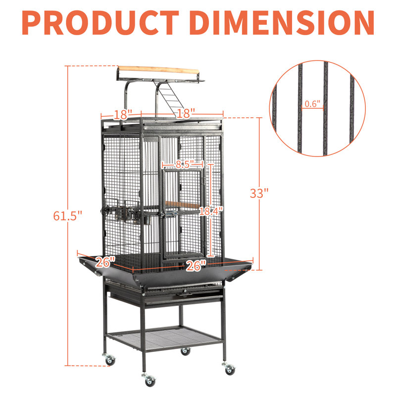 Cage à oiseaux 61 po en fer forgé avec plateau de jeu et support pour perroquets