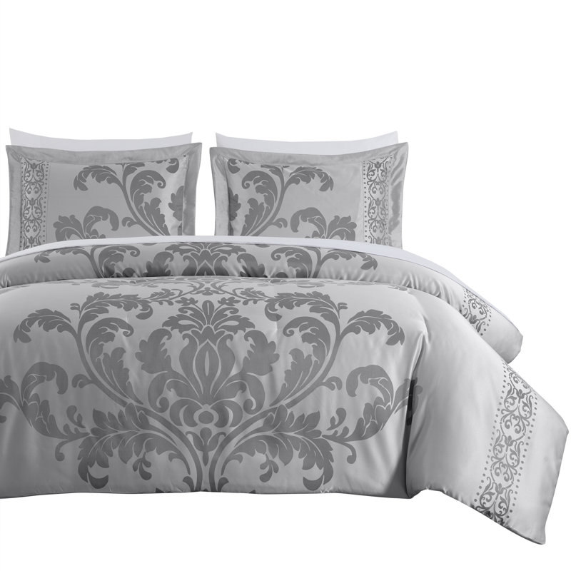 Valor 7-Piece Bed in a Bag Jacquard Floral Comforter Set with Sheets, King Comforter + 6 Additional Pieces, Silver/Gray