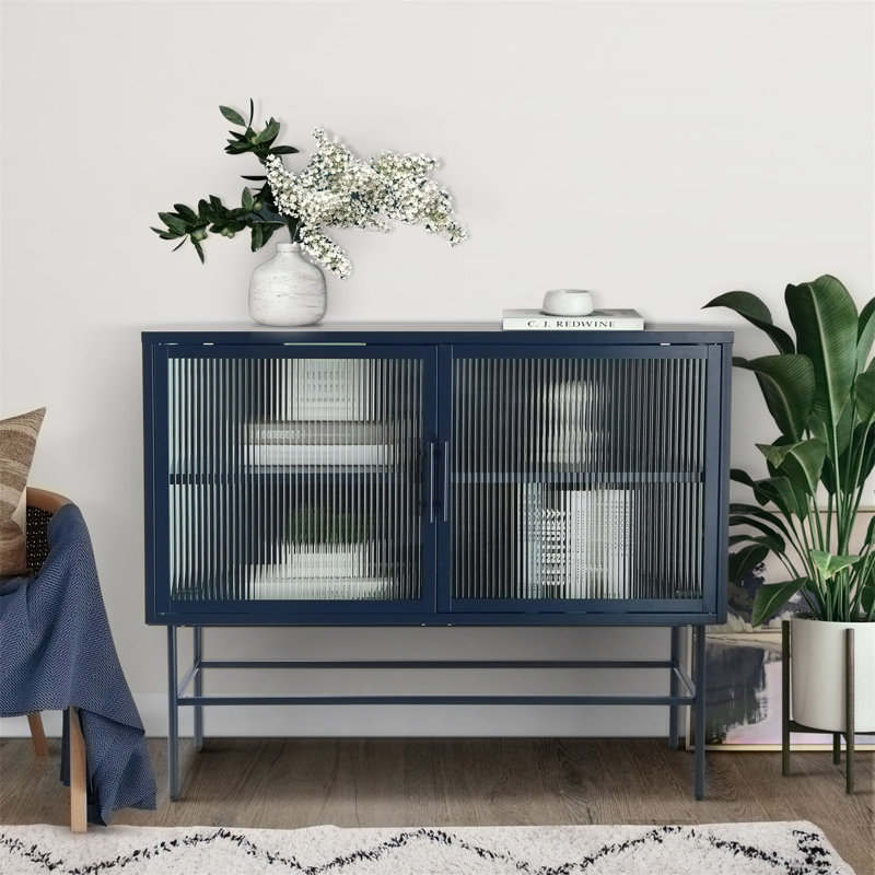 Sideboard Cabinet with 2 Fluted Glass Doors and Adjustable Shelf, Blue