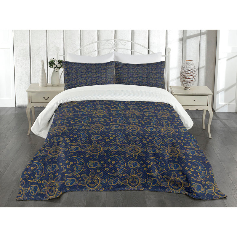 Navy Blue and White Quilted King Bedspread Set with Shams