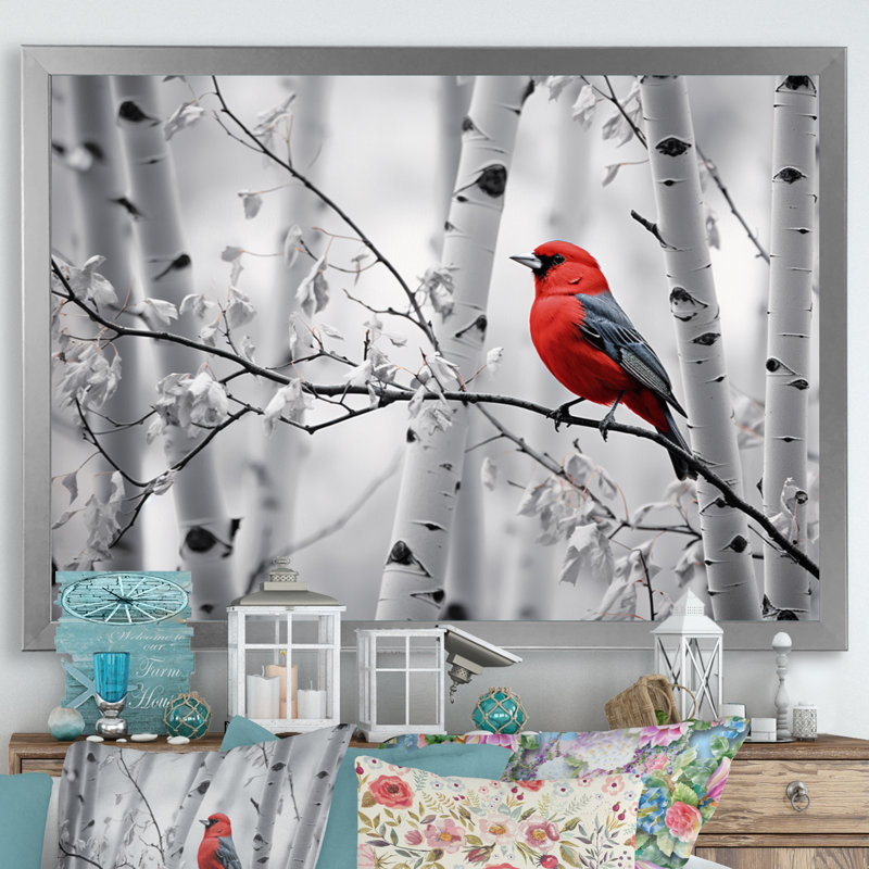 Martinella, oiseau rouge-gris en forêt II - impression, H 16 po x l 32 po x P 1 po, Cadre simple argenté