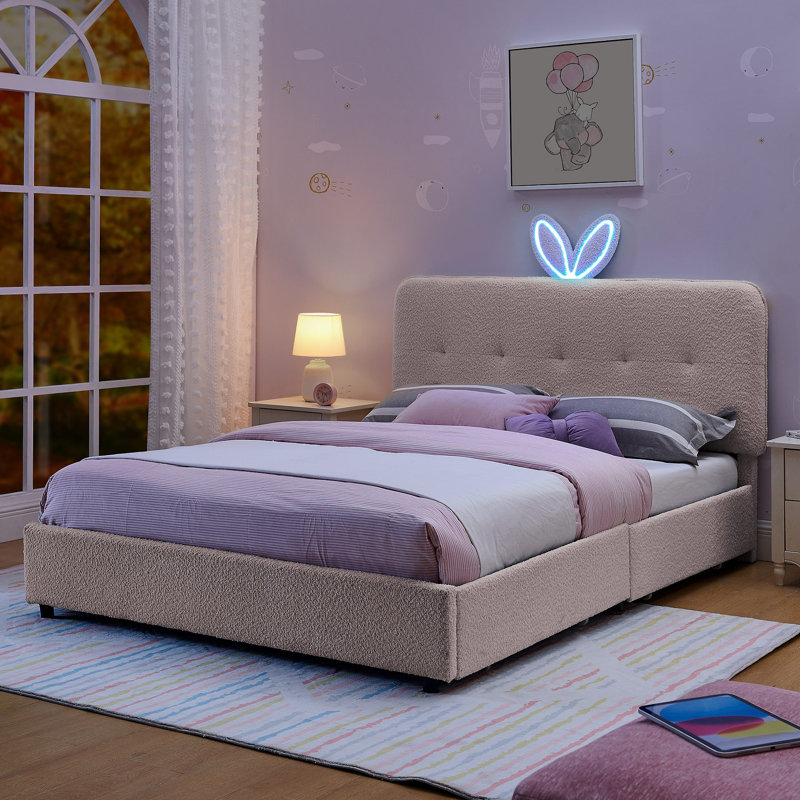 Lit tapissier pour enfants avec tête de lit surdimensionnée, lumière DEL et 4 tiroirs de rangement, tissu Boucle, Double