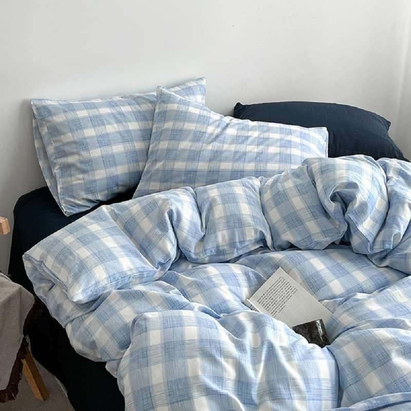 Ensemble de housse de couette bleu clair Ensemble d'édredon à carreaux Ensemble de literie bleu