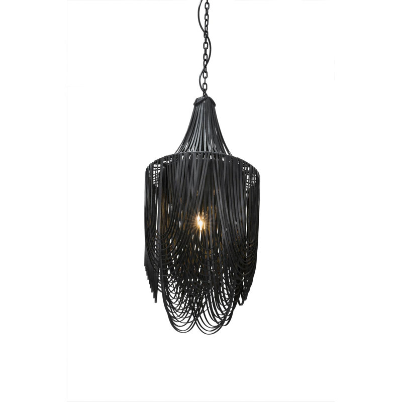 Small Leather Fringe Chandelier w/ Crown, Black