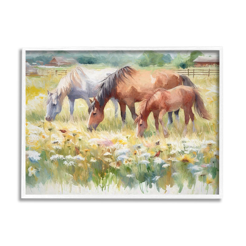 «Grazing Horses in Meadow» par Ramona Murdock, reproduction d'art sur toile flottante, Cadre flottant gris lustré