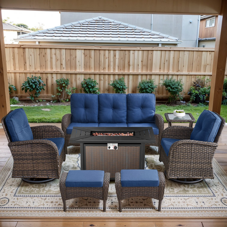 7-Pieces Wicker Outdoor Conversation Set for 6 Person With 2 Rocking and Swivel Chairs & Fire Pit Table