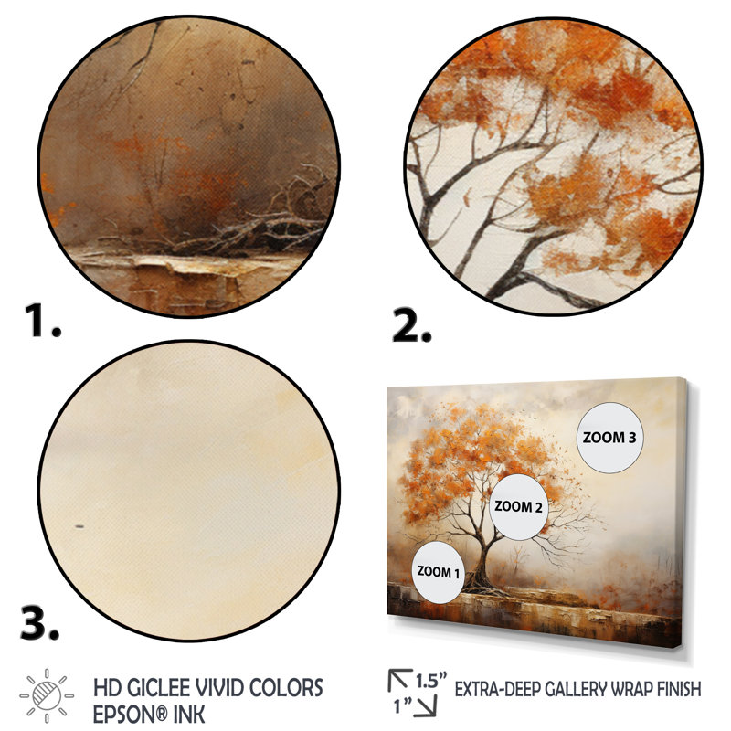Minimalism Oak Tree Shimmering Autumn I - Floral Canvas Art Print, Cadre flottant doré, H 34 po x l 44 po x P 1,5 po