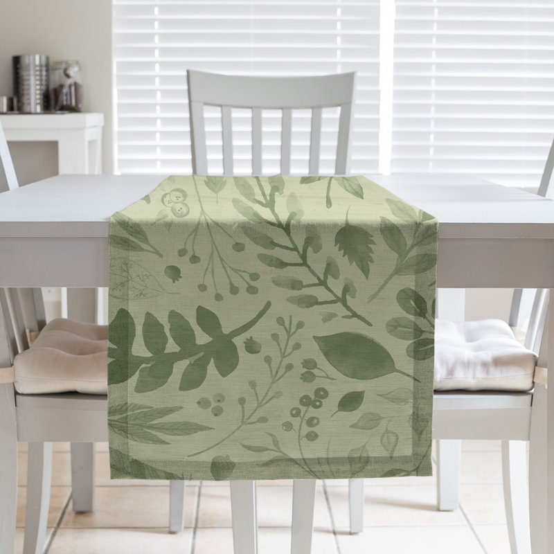 Chemin de table Festive Hol Autumn, L 90 po x l 16 po, Mélange de coton, Vert olive