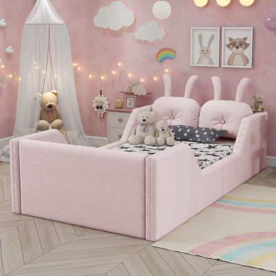 Twin Pink Upholstered Kids Floor Bed Platform Bed with Rabbit Cushion Removable Rails Bed Frame