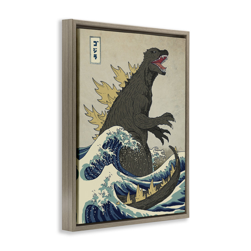 Illustration nautique de style oriental Godzilla, Cadre flottant orme Montalcino, H 17 po x l 21 po