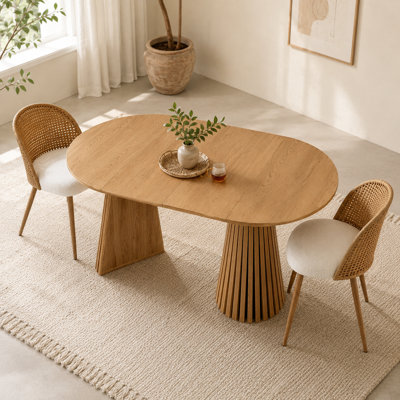 3-Piece Extendable Solid Wood Dining Set, Expandable Dining Table with 2 Boho Rattan Dining Chairs, Mid-Century Farmhouse Kitchen Table Set