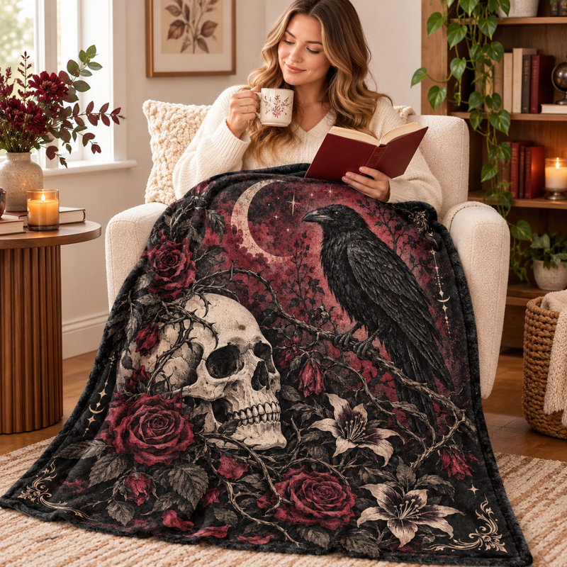 Moonlit Raven Skull Blanket with Burgundy Roses and Ornate Gothic Border, Dark Flannel Throw for Couch, Bed, Reading, Travel and Room Accent, 30 x 40 in