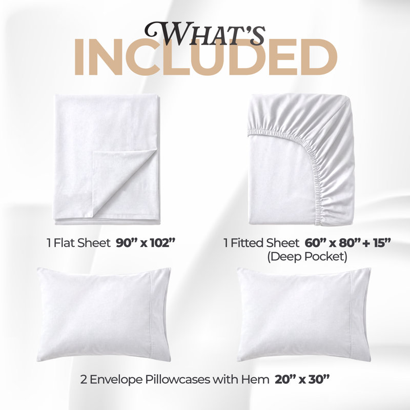Ensemble de literie pour grand lit Beddora en blanc - 4 pièces de draps en microfibre ultra-douce, poche profonde, infroissable - facile d'entretien, literie de luxe pour grand lit d'hôtel