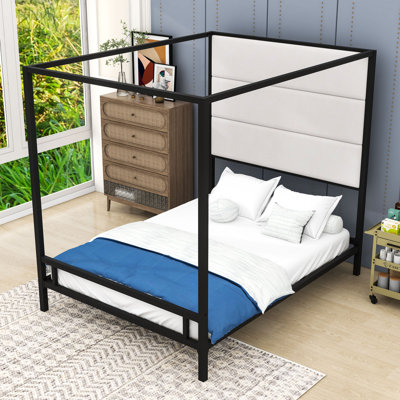 Metal Canopy Bed with Headboard and Slats