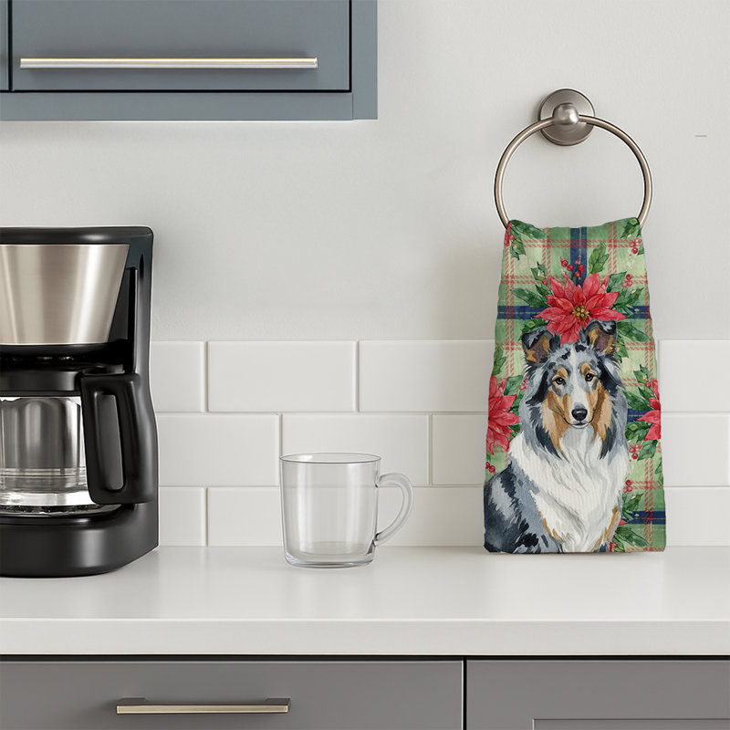 Blue Merle Collie Christmas PoinsettIas Kitchen Towel, Blue Merle Collie