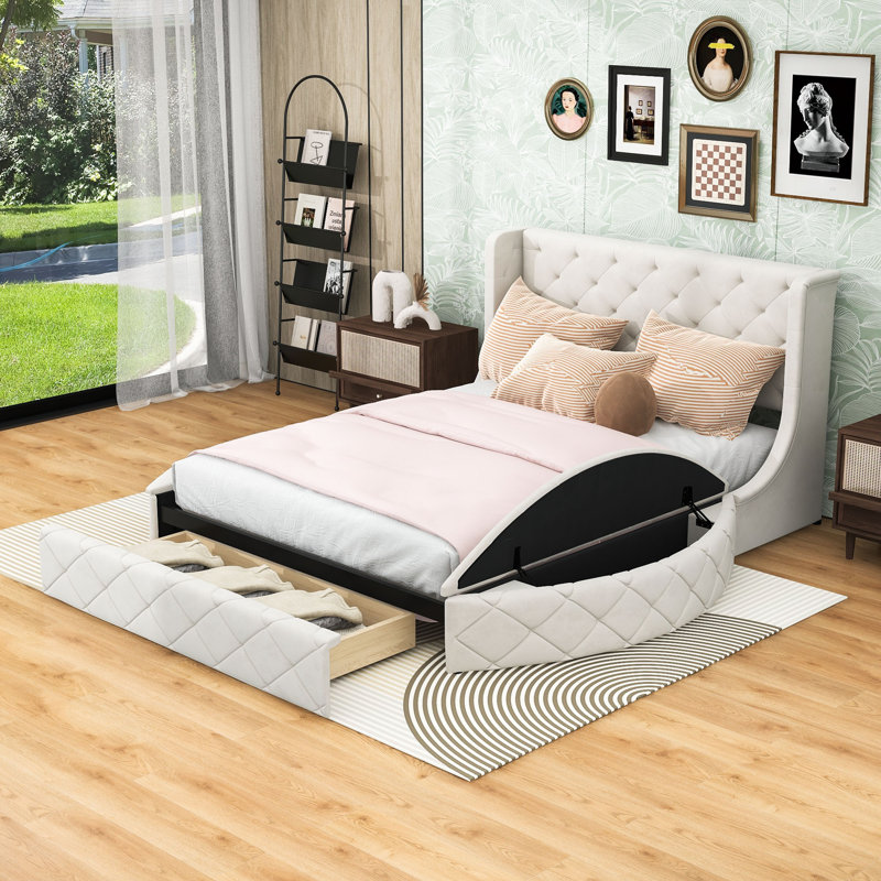 Grand lit plateforme tapissier 1 tiroir avec tête de lit et tabourets de rangement latéraux, Beige