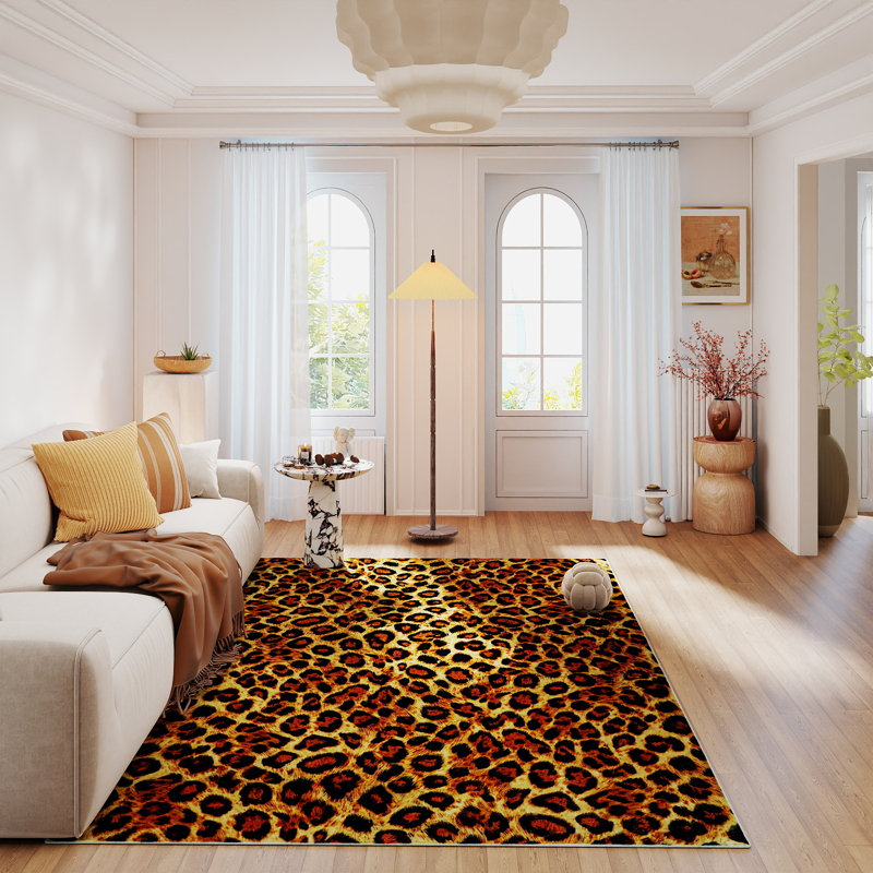 Tapis lavable à la machine 5 po x 7 pi Cachemere-Feel avec envers antidérapant et bordure à imprimé animal durable