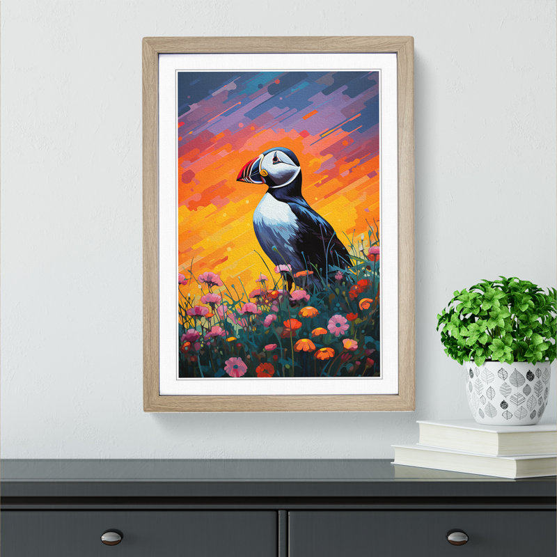Puffin Colour Field - Single Picture Frame Print on Wood, Oak Framed, 46cm H x 34cm W x 2cm D