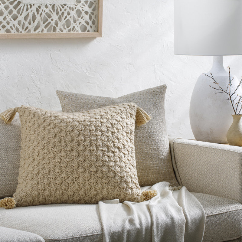 Makrome Wool Blend Throw Pillow, Beige, Down Blend, 18"H x 18"W