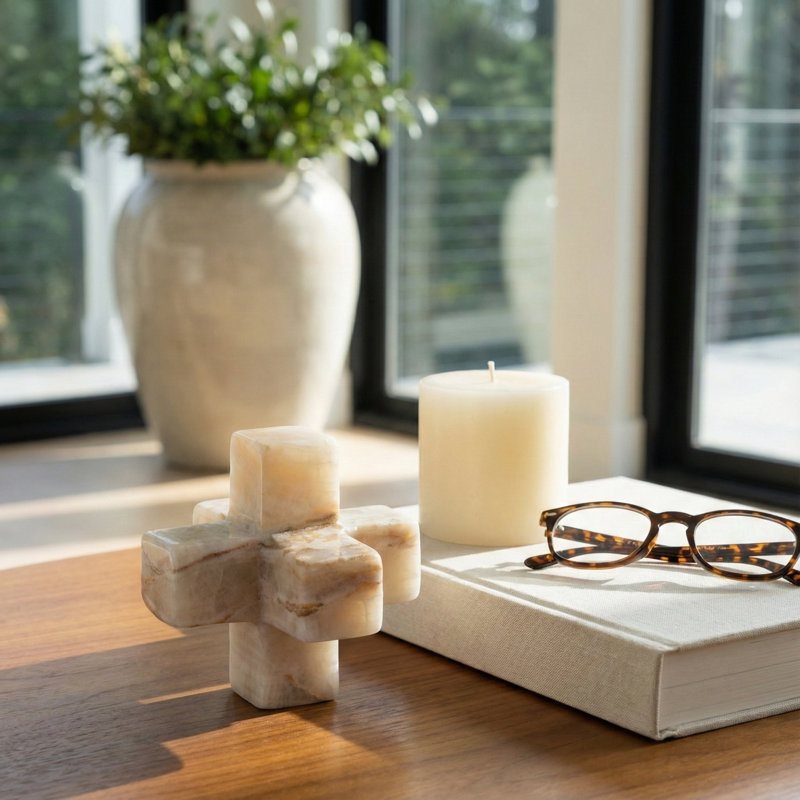 Decorative Marble Jack Sculpture for Tabletop Display - Modern Home Decor Cross Object for Bedroom, or Living Room Decoration - 4", White & Tan