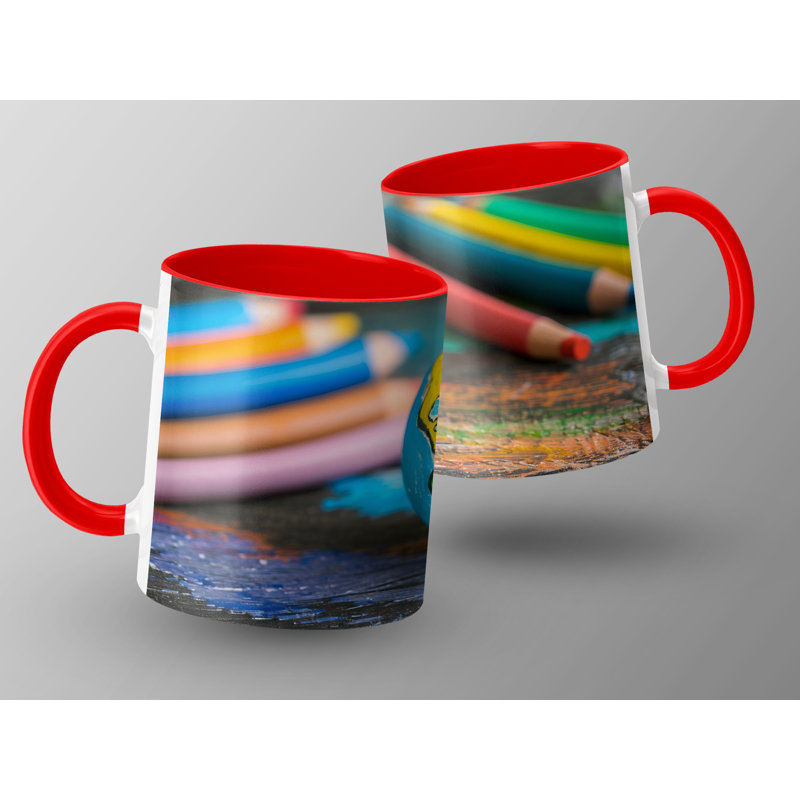 Kids Drawing Style 11oz Accent Mugs – Ceramic Coffee Cup with a Red Handle and Interior