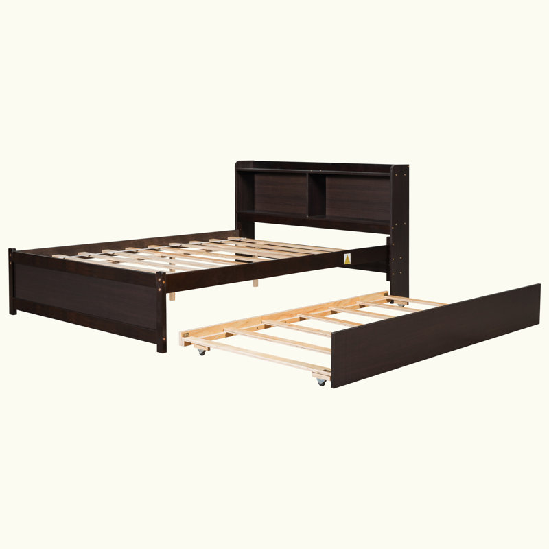 Engeliene Wooden Bed with Trundle,Storage Bed Frame with Bookcase, Espresso, Full