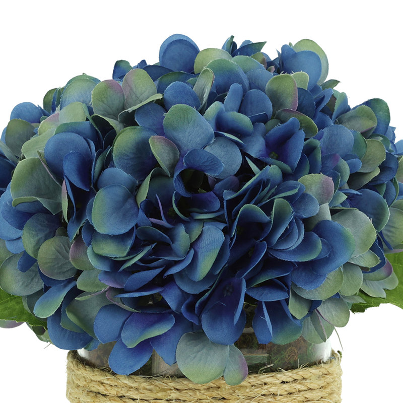Arrangement floral Sarina Hydrangea dans un vase en verre avec mousse, Bleu / Vert