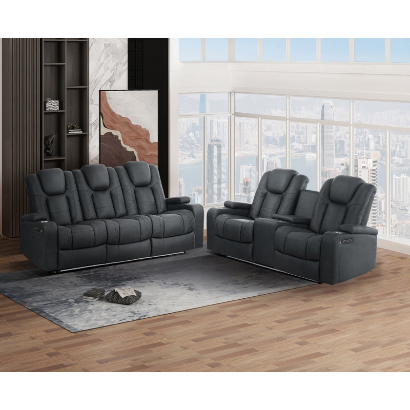 Ensemble 2 pièces: canapé inclinable électrique avec table rabattable et causeuse console, gris anthracite