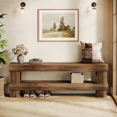 59" W Entryway Bench with Shelf, Wood Accent Bench Seating for Hallway, Entryway, Living Room, Foyer, Bedroom, Dining Room