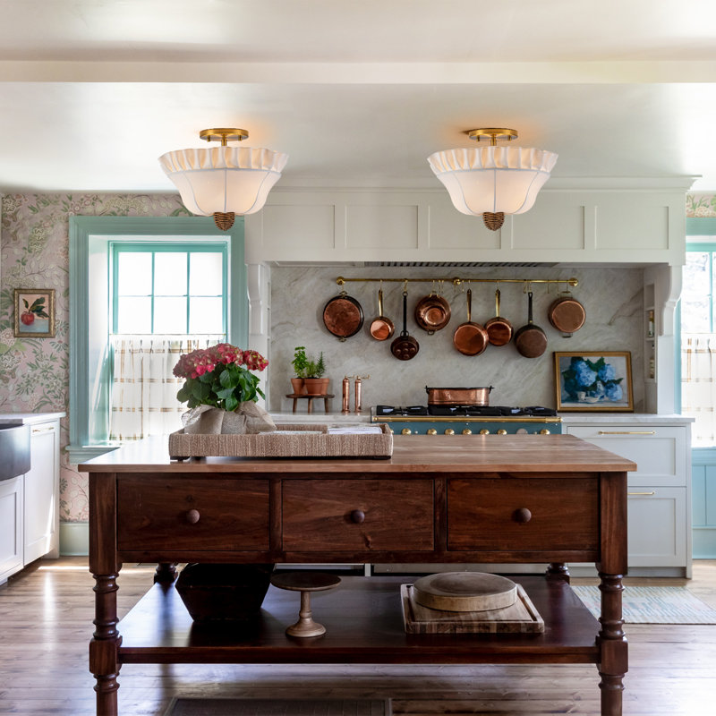 2-Light Ruffled Bowl Fabric Semi Flush Mount