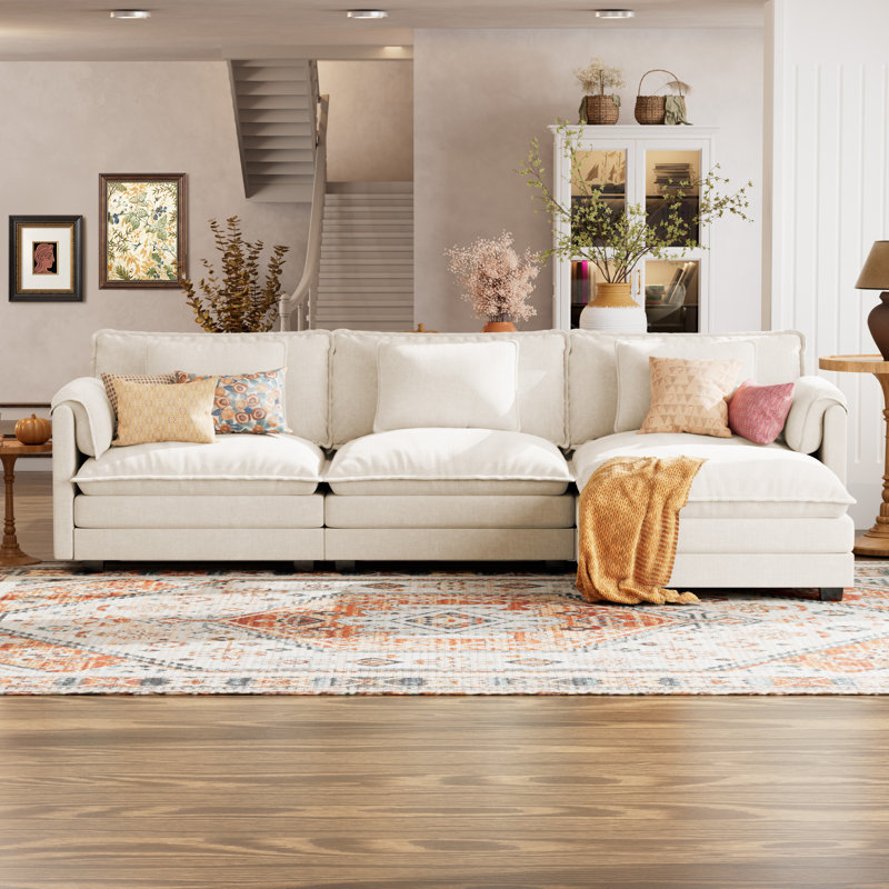 4-Piece 115'' Reversible Modern Upholstered L-Shape Sectional Sofa With Ottoman- Premium VelvetFabric
