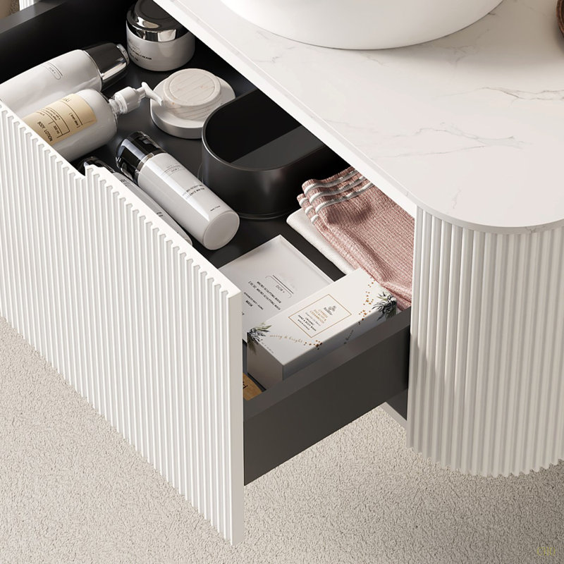 Meuble-lavabo de salle de bain avec lavabo, armoire de rangement de salle de bain murale à bordures courbes et flottantes avec tiroir, lavabo en céramique avec motif de pierre, pré-assemblé