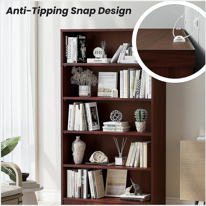 5 Tier Bookcase Modern Wood Bookshelf, Mahogany, (5 Shelves) 59.8"H x 33"W x 11.6"D