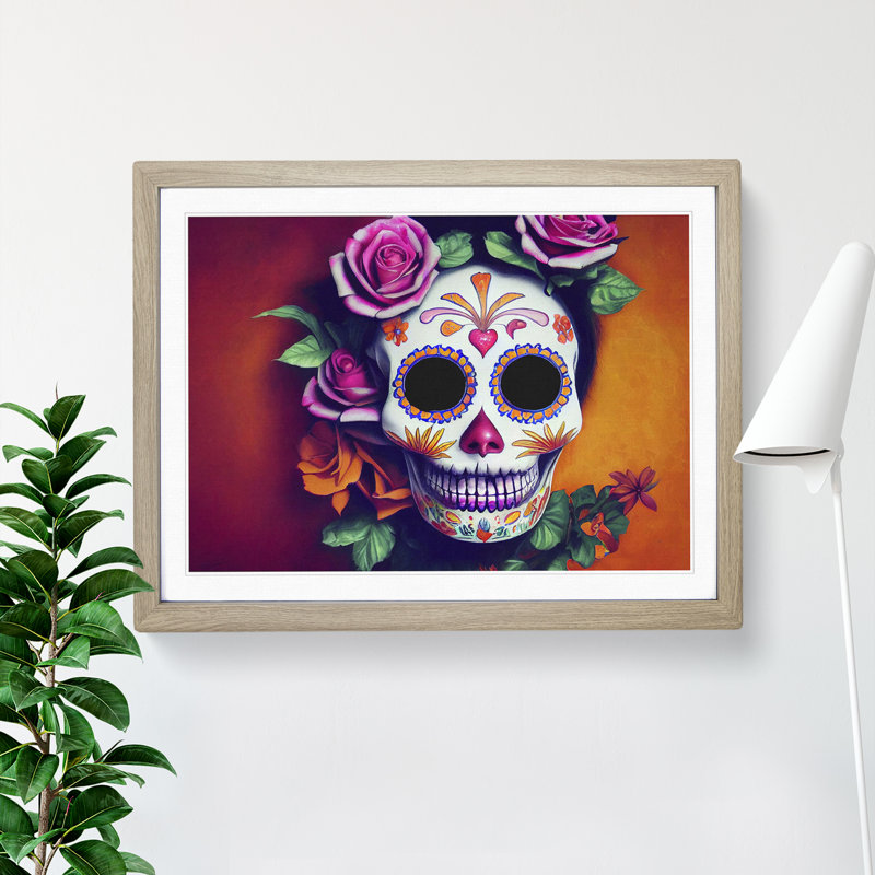 Refined Floral Sugar Skull - Single Picture Frame Print, 46cm H x 64cm W x 2cm D, Oak Framed