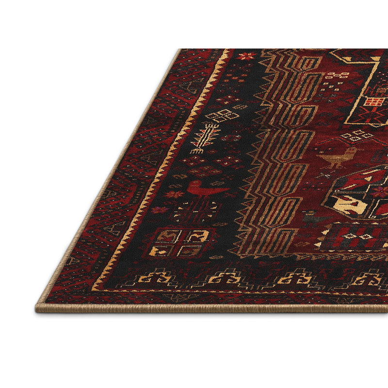 Laine tissée à la machine de style oriental Fido/polyester noir/rouge/beige Tapis décoratif, Rectangle 2 pi x 4 pi