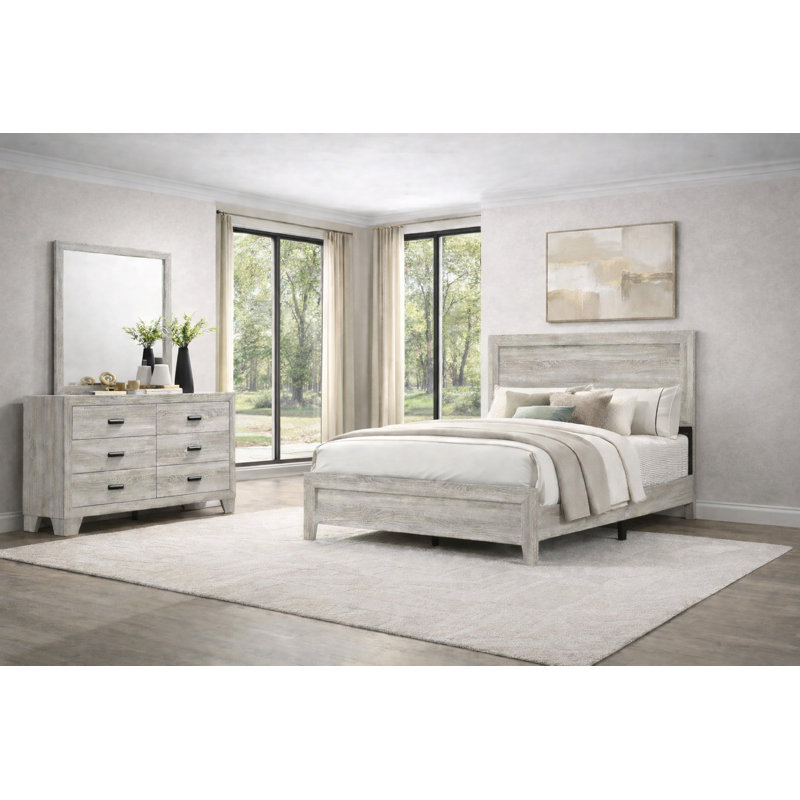 Ensemble de chambre à coucher à panneau moderne avec finition gris clair, 3 pièces, Lit simple