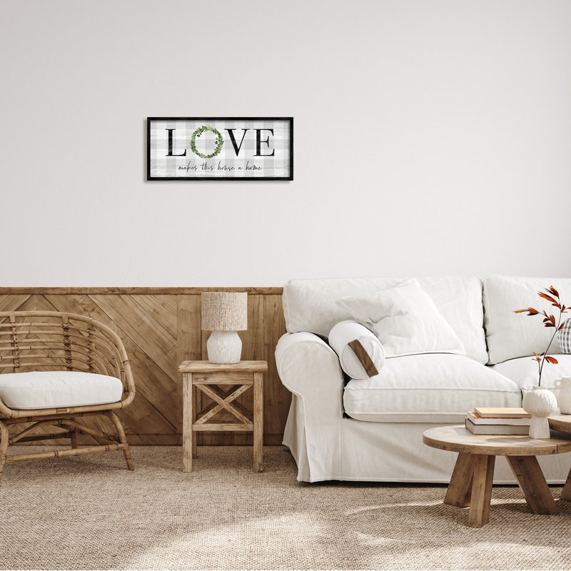 «Love Makes House Home», art textuel, H 10 po x l 24 po x P 1,5 po, Giclée encadrée noir minuit