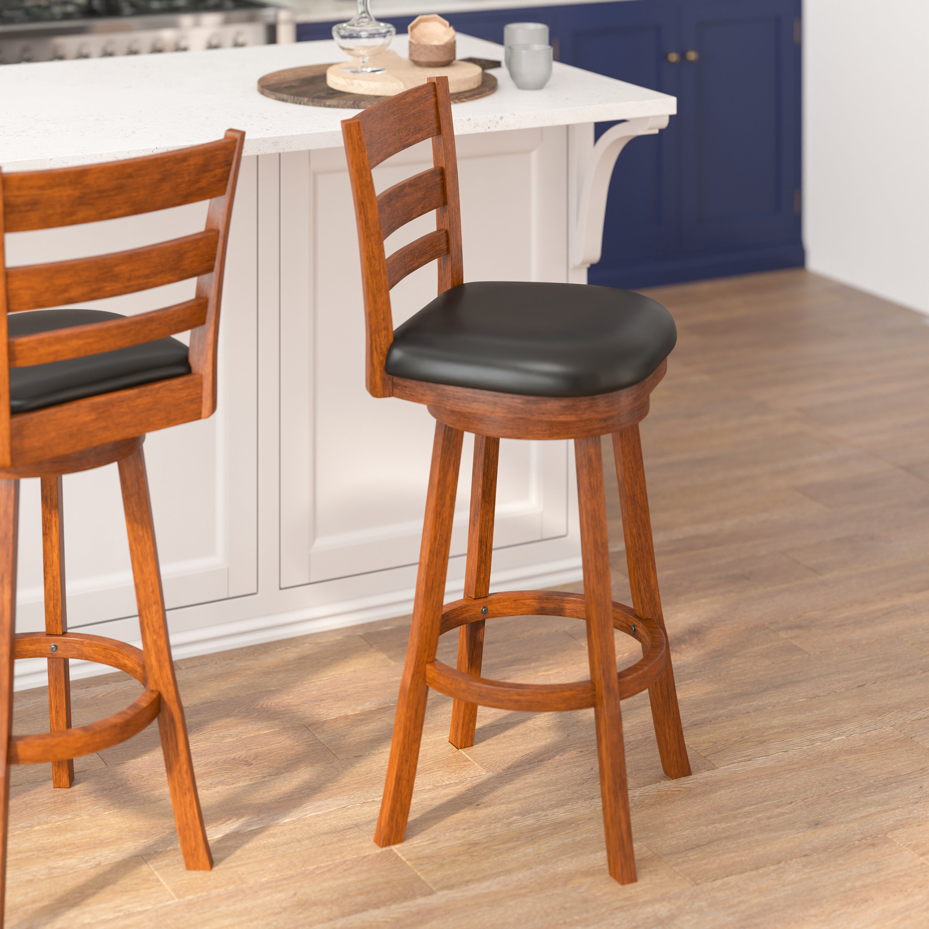 Liesel Commercial Grade Wooden Classic Ladderback Swivel Bar Height Barstool with Solid Wood Seat